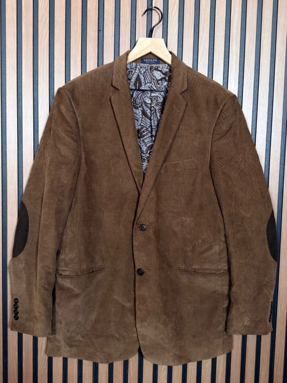 Adolfo Suit Jacket 40R Mens Tan Corduroy Elbow Patch 2 Button Luxury Cotton